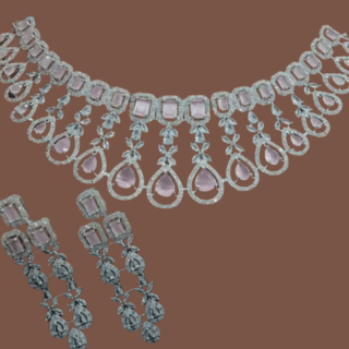 Pink Elegance: Handcrafted American Diamond Jewelry Set with Silver Plating