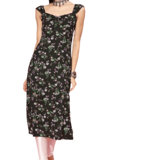 Women Black & Green Floral Printed Sweetheart Neck Side Slited Midi Kurta (S)