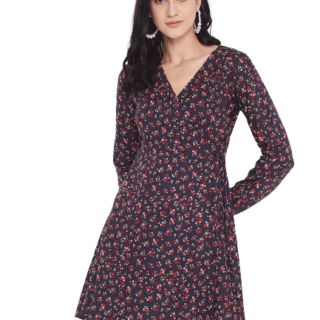 Plus-Size Navy Blue & Red Floral Print V-Neck Wrap Mini Dress for Women (3XL)