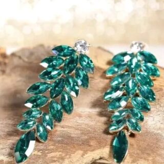 How about: "Emerald Elegance: Gold-Plated Chandelier Earrings with Green Crystal Stones