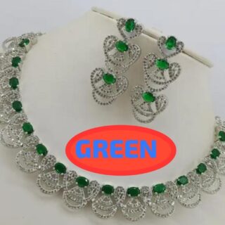 Emerald Elegance: Adjustable Silver-Plated American Diamond Jewelry Set