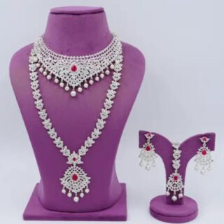 Pink Pearl Elegance: Silver-Plated American Diamond Choker Necklace Set with Maangtikka
