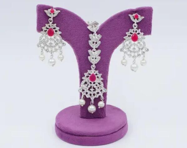 Pink Pearl Elegance: Silver-Plated American Diamond Choker Necklace Set with Maangtikka - Image 2