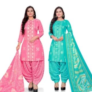 Vibrant Ethnic Elegance: Pink and Aqua Blue Cotton Blend Dress Material