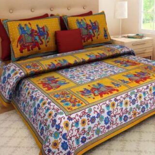 Yellow and White Printed Double Bed Bedsheet Set