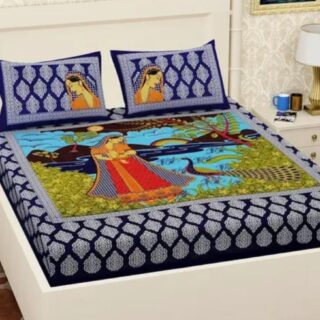 Blue Peacock Printed Double Bed Bedsheet and Pillow Cover Set