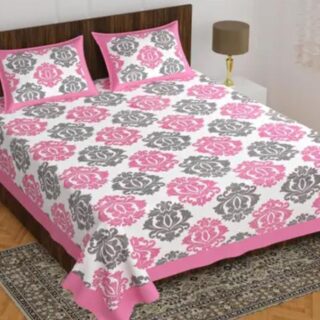 Luxurious Pink and Grey Printed Double Bed Bedsheet and Pillow Cover Set