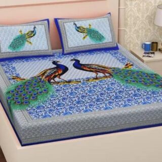 Blue Peacock Printed Double Bed Bedsheet and Pillow Cover Set