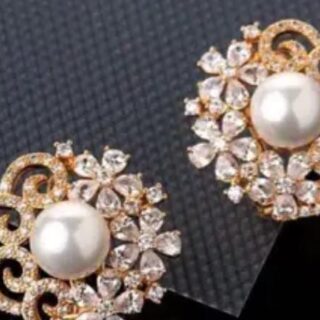 Rose Gold Plated Pearl Stud Earrings with American Diamonds
