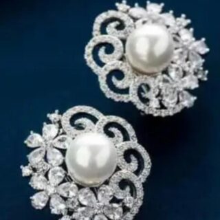 Silver Plated Pearl Stud Earrings with American Diamonds