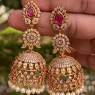 Regal Ruby and Pearl Studded Gold-Plated Jhumki Earrings with American Diamonds