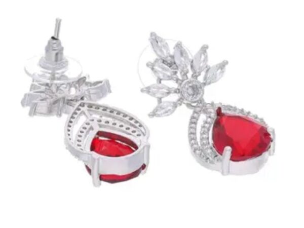 Silver Plated Red Stone Earrings with American Diamonds - Image 2