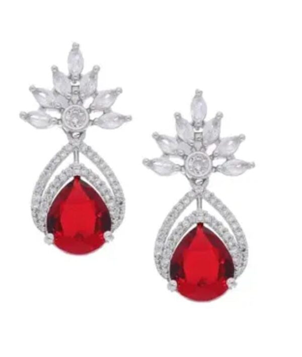 Silver Plated Red Stone Earrings with American Diamonds - Image 3