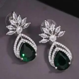 Evergreen Elegance: Silver Plated Dark Green Stone Earrings with American Diamonds