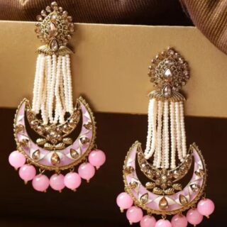 Gold Plated American Diamond Studded Chandbali Earrings with Meenakari in Pink and White