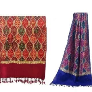 Combo Set of 2 Red and Blue Kashmiri Embroidered Wool Shawls Premium Quality Aari Work Winter Wear for Women (28"x80")