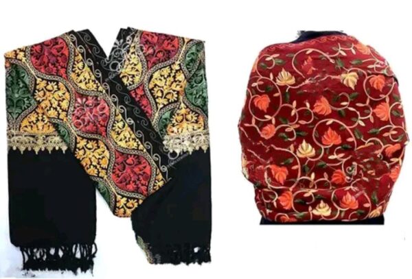 Combo Set of 2 Black and Maroon Kashmiri Embroidered Wool Shawls Premium Quality Aari Work Winter Wear for Women (28"x80")