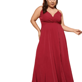 Women Plus Size Solid Red V-Neck Sleeveless Crepe Thigh-High Slit Fit & Flare Maxi Dress for Party, Evening, and Special Occasions (S)