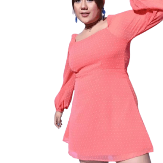 Plus-Size Pink Dress Self-Design Pattern Square Neck Sheer Flared A-Line Mini Dress for women (3XL)