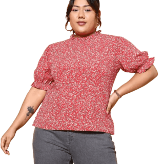 Women Plus Size Red & White Floral Printed Mandarin Collar Neck Crepe Pleated Regular Top (XXL)