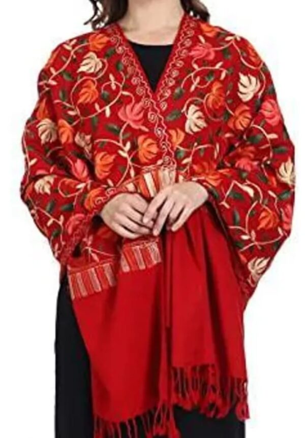 Red Embroidered Shawl with Poly Acrylic Wool