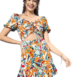 Women White Brushstroke Print Front Peekaboo Ruffled A-Line Mini Dress (M)