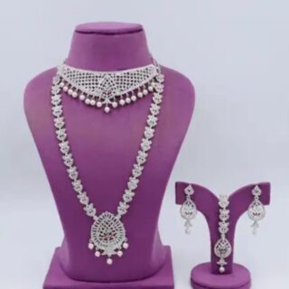American Diamond Gold Plated Pink and Green Bridal Jewelry Set for Weddings
