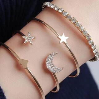 Stylish Studded Moon, Star, and Heart Combo: Set of 4 Rose Gold-Plated Cuff Bracelets for Women and Girls