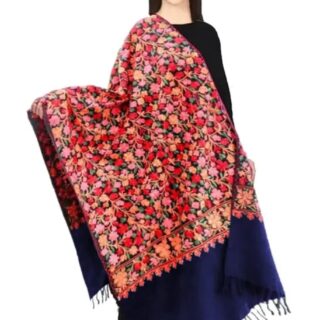Designer Dark Blue Floral Printed Kashmiri Embroidery Woolen Shawl for Women - Vintage Collection
