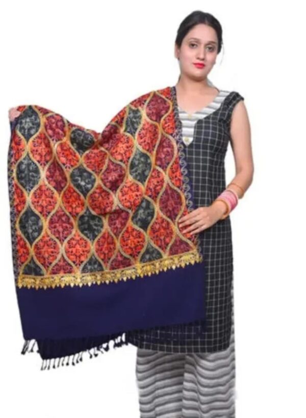 Designer Navy Blue Printed Kashmiri Embroidery Woolen Shawl for Women - Vintage Collection - Image 3
