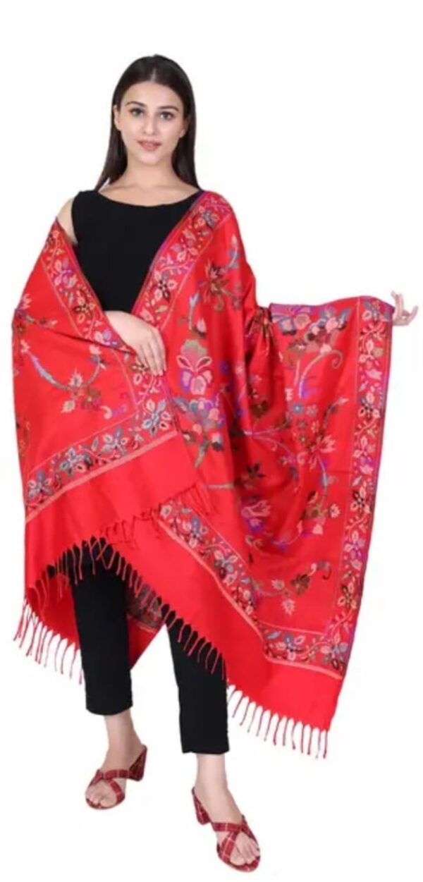 Luxurious Red Embroidered Wool Shawl for Women - Image 2