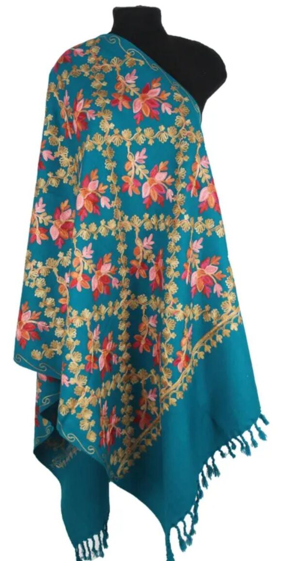 Blue Kashmir Embroidered Poly Acrylic Wool Shawl For Women