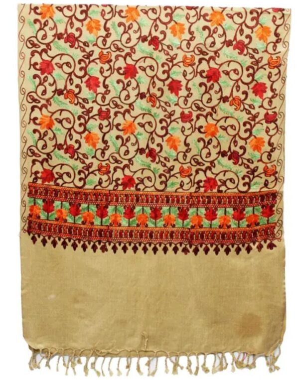 Beige Kashmir Embroidered Poly Acrylic Wool Shawl For Women