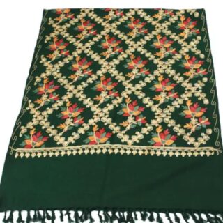Dark Green Kashmir Embroidered Poly Acrylic Wool Shawl For Women