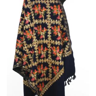 Navy Blue Kashmir Embroidered Poly Acrylic Wool Shawl For Women