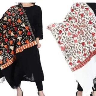 Combo Set of 2 Black And White Kashmiri Embroidered Wool Shawls Premium Quality Aari Work Winter Wear for Women (28"x80")