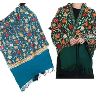 Combo Set of 2 Blue And Dark Green Kashmiri Embroidered Wool Shawls Premium Quality Aari Work Winter Wear for Women (28"x80")