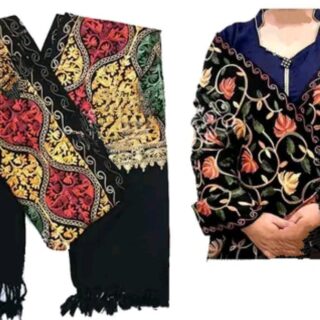 Combo Set of 2 Black Kashmiri Embroidered Wool Shawls Premium Quality Aari Work Winter Wear for Women (28"x80")