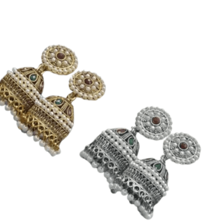 Traditional Pearl-Studded Jhumka Earrings Combo - Gold and Silver Plated for Girls & Women